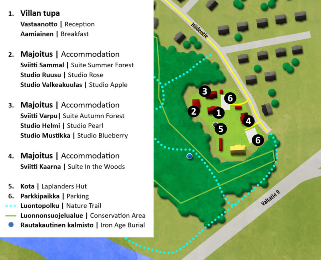 Hotel Hiisi Hill's Area 1. Villan tupa Reception Breakfast 2. Accommodation Suite Summer Forest Studio Rose Studio Apple 3. Accommodation Suite Autumn Forest Studio Pearl Studio Blueberry 4. Accommodation Suite In the Woods 5. Laplanders Hut 6. Parking Nature Trail Conservation Area Iron Age Burial